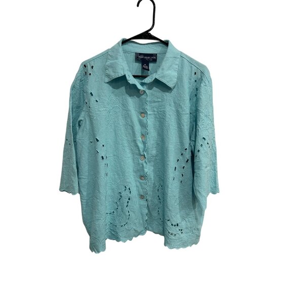 Susan Graver Style Floral Embroidered Button Front Shirt Blue Sz XL Cutout Boho - Picture 2 of 9